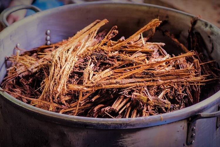 Ayahuasca root in a pot being prepared to produce Blue Morpho Tours Ayahuasca tea