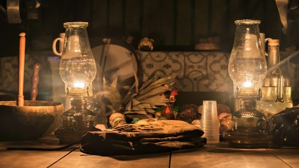 Blue Morpho Ayahuasca ceremonial mesa set up at night