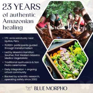 People preparing medicinal plants and a list of retreat highlights, including its 170-acre sanctuary in Peru, traditional ceremonies, and leadership by Maestro Hamilton Souther.