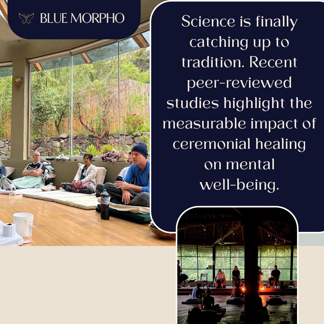 Participants attending ceremonial healing session at Blue Morpho retreat in Peru