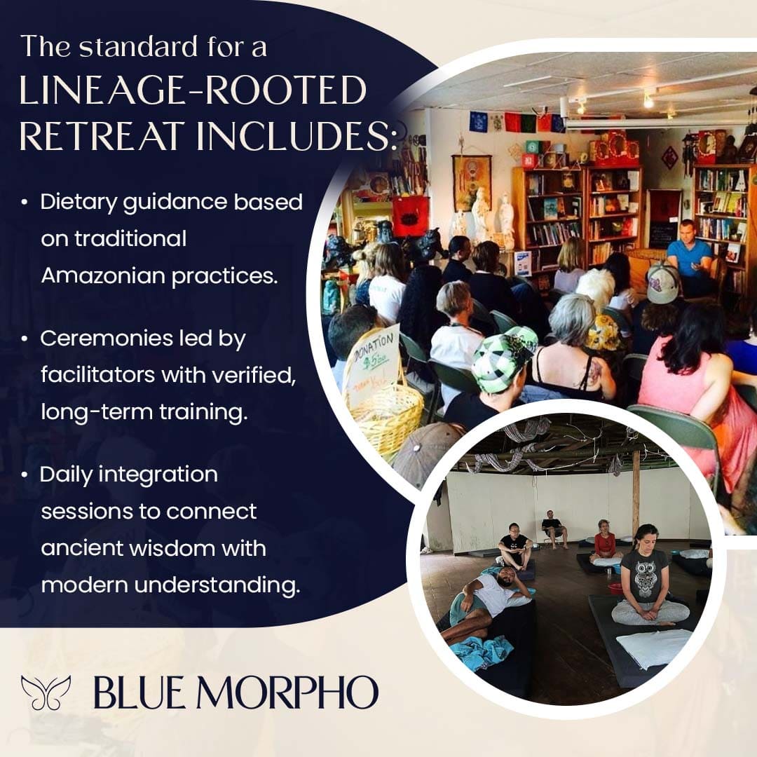 Essential standards for lineage-rooted retreats, including traditional dietary guidance, experienced facilitators, and daily integration.
