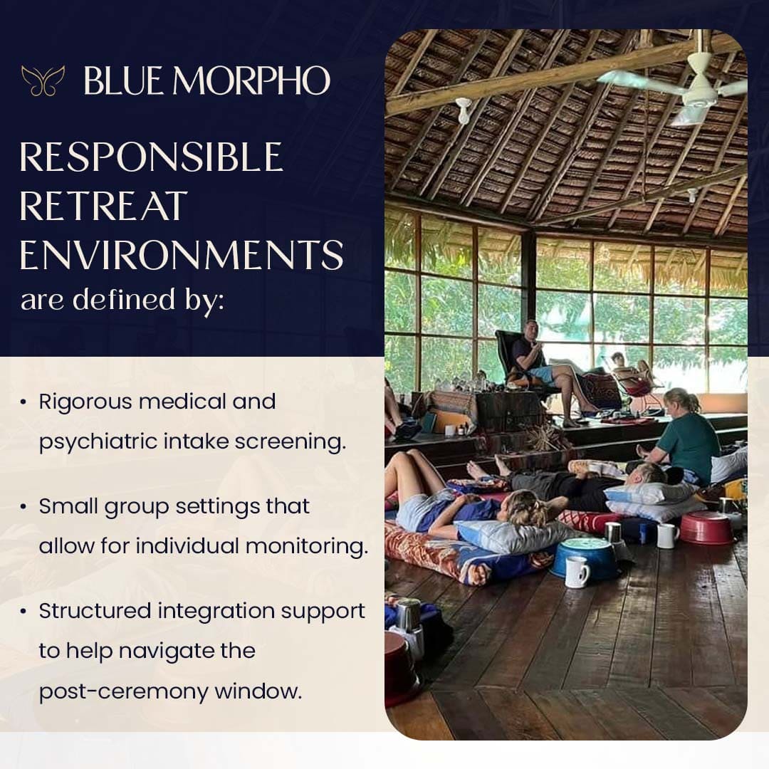 A group resting in a serene, small-group retreat environment emphasizing medical screening and structured integration.