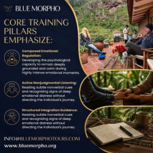 Infographic explaining core facilitator training pillars: emotional regulation, active nonjudgmental listening with hands held in support, and structured integration guidance.