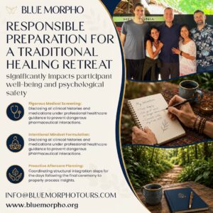 Infographic explaining responsible preparation for traditional healing retreats, featuring retreat participants, journaling intention setting, and post-ceremony aftercare planning.