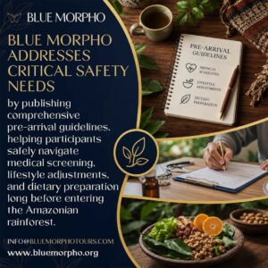Infographic detailing Blue Morpho pre-arrival guidelines, featuring medical screening forms, dietary preparation notes, and healthy meals for retreat safety.