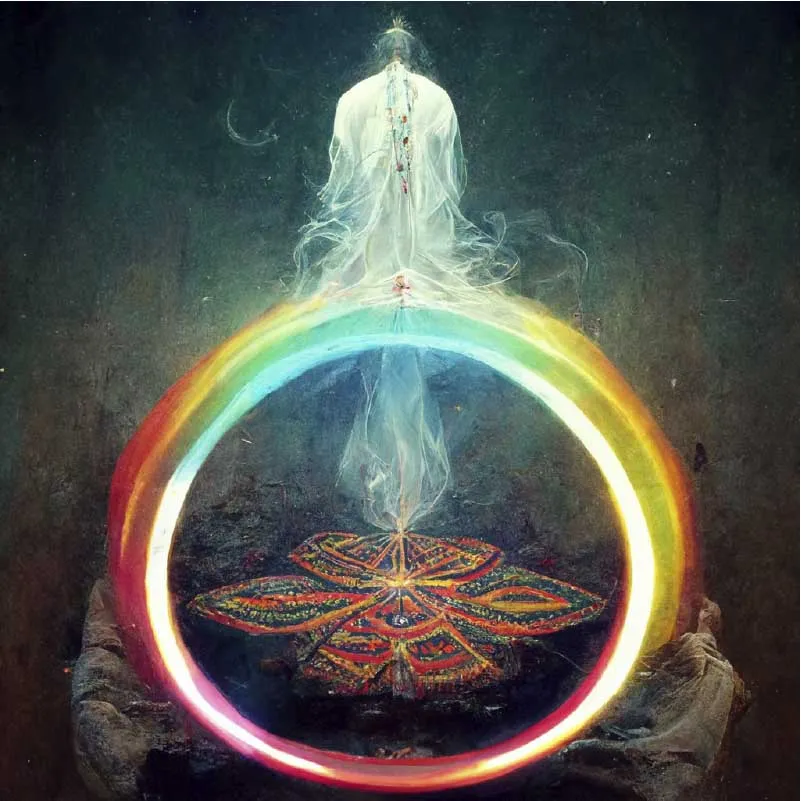 Visionary Art Ayahuasca Art Master Shaman on globe of light