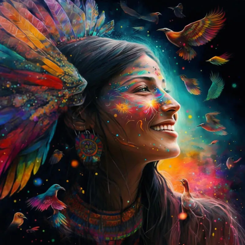 Blue Morpho Academy Shamanic Art Woman with headdress and birds