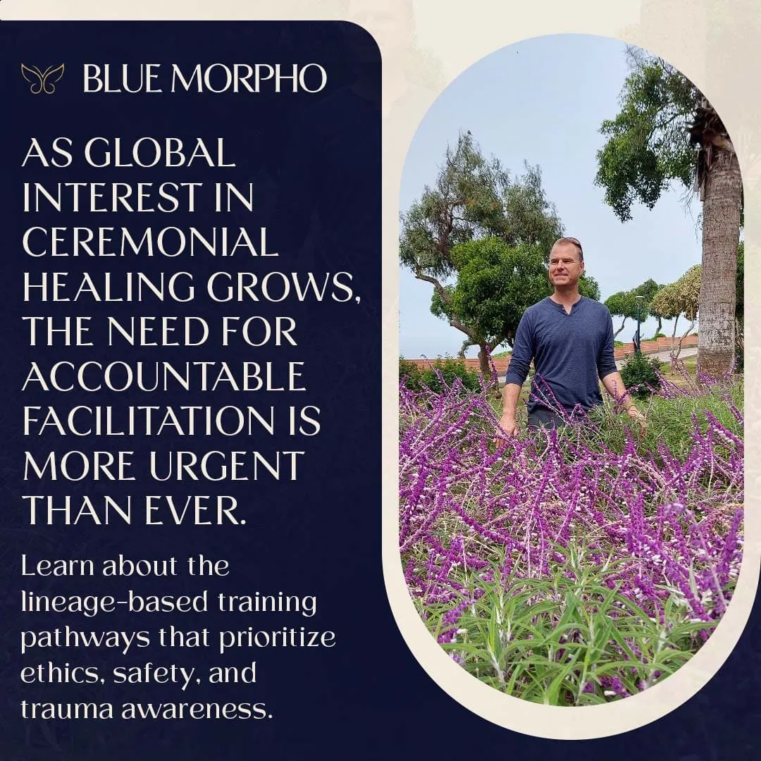 A facilitator standing in a field of purple flowers, representing the need for accountable and ethical ceremonial healing.