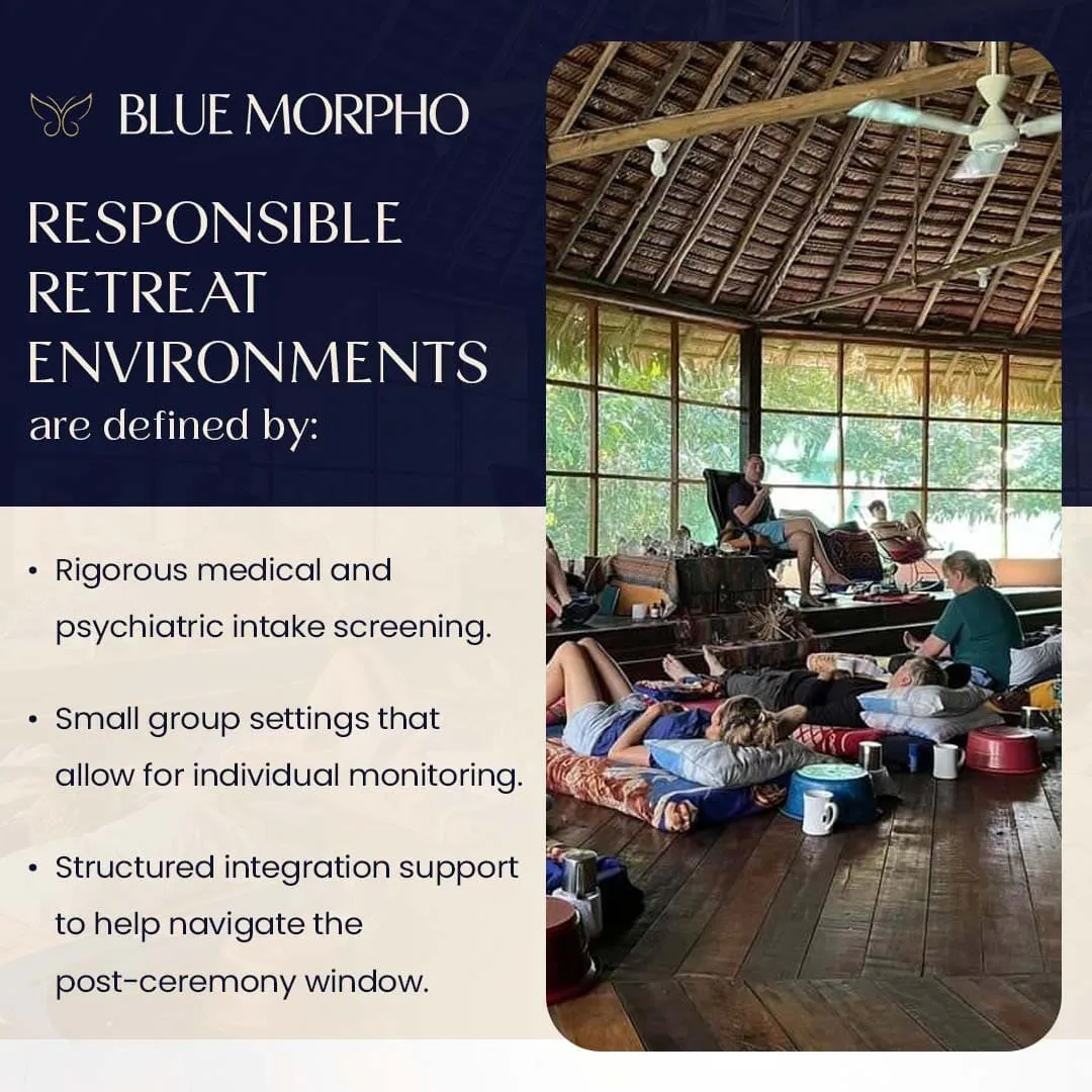 A group resting in a serene, small-group retreat environment emphasizing medical screening and structured integration.