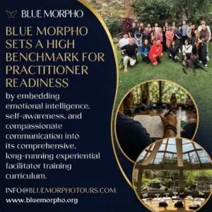 Infographic displaying Blue Morpho practitioner readiness and facilitator training, featuring group retreat photos, journaling in a hall, and an indoor ceremony space.