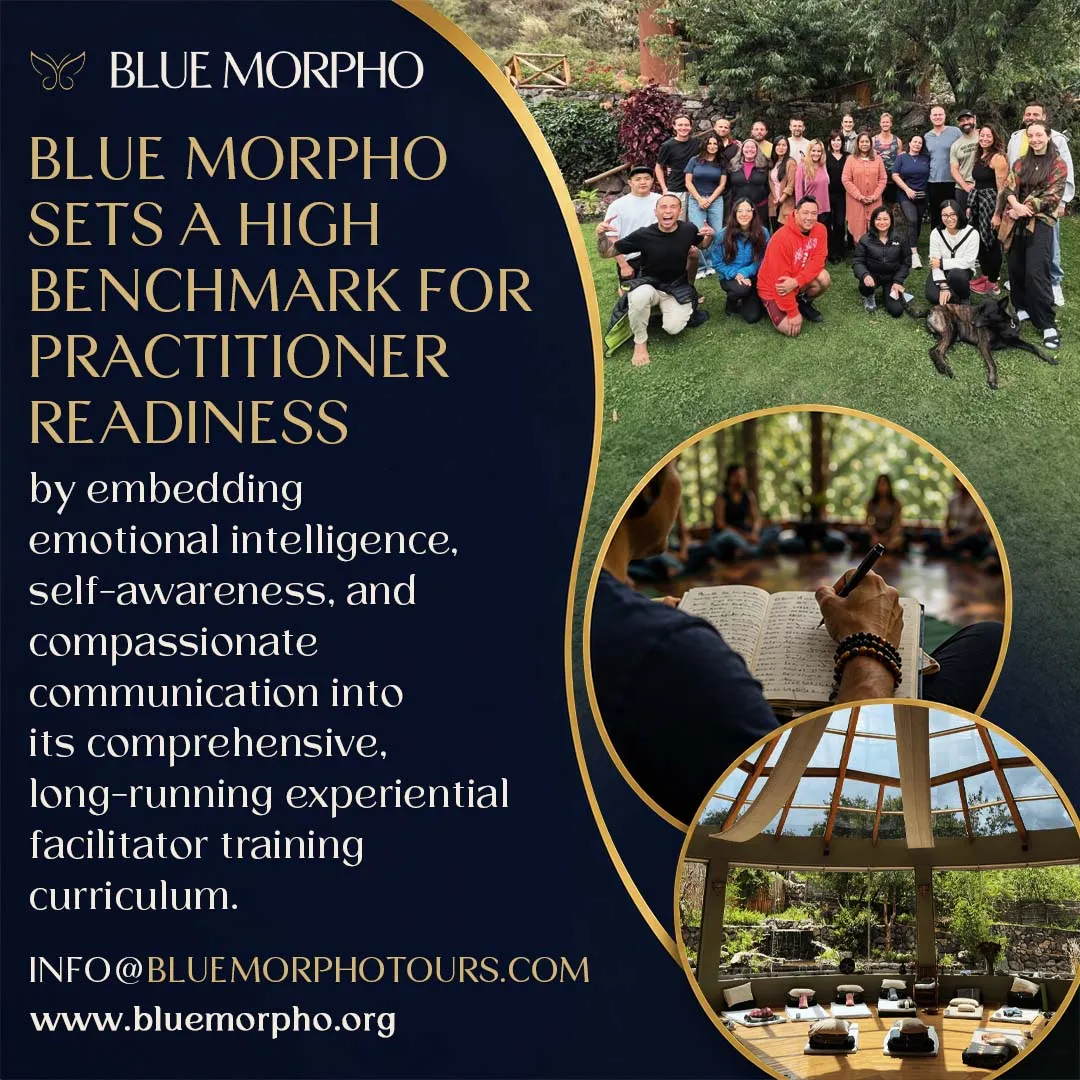 Infographic displaying Blue Morpho practitioner readiness and facilitator training, featuring group retreat photos, journaling in a hall, and an indoor ceremony space.