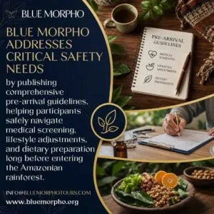 Infographic detailing Blue Morpho pre-arrival guidelines, featuring medical screening forms, dietary preparation notes, and healthy meals for retreat safety.