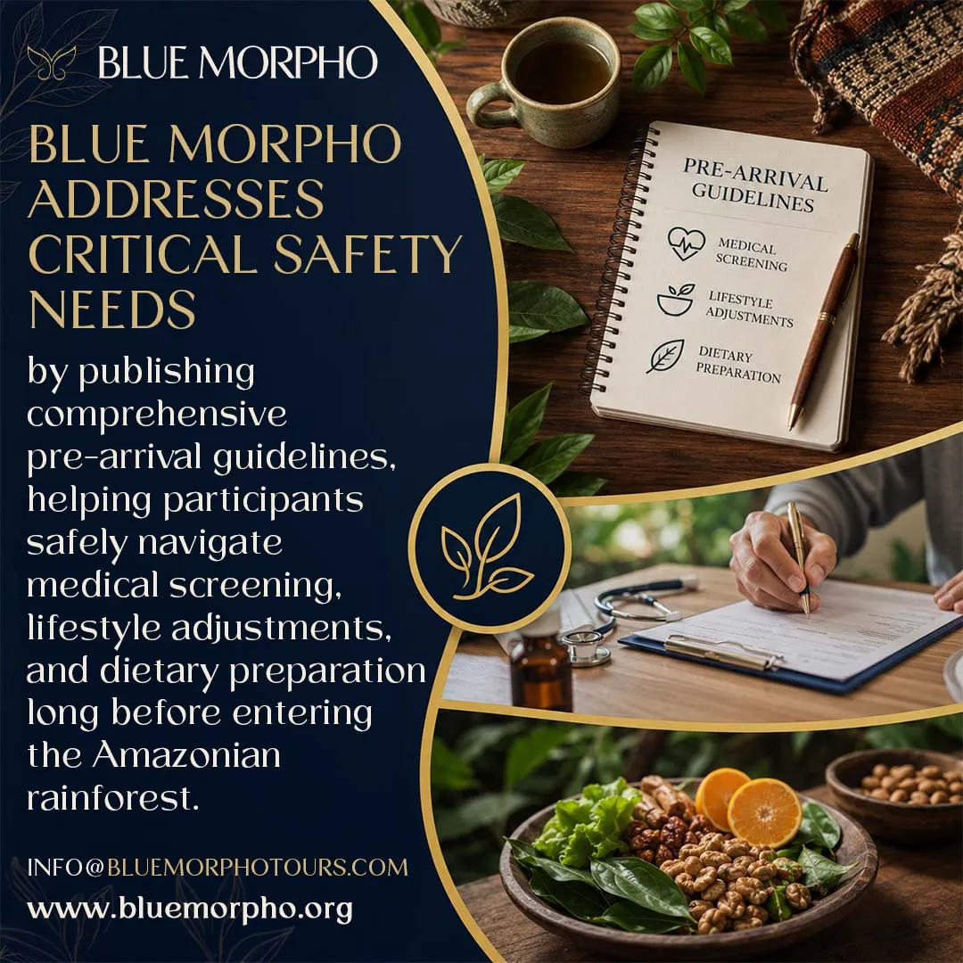 Infographic detailing Blue Morpho pre-arrival guidelines, featuring medical screening forms, dietary preparation notes, and healthy meals for retreat safety.