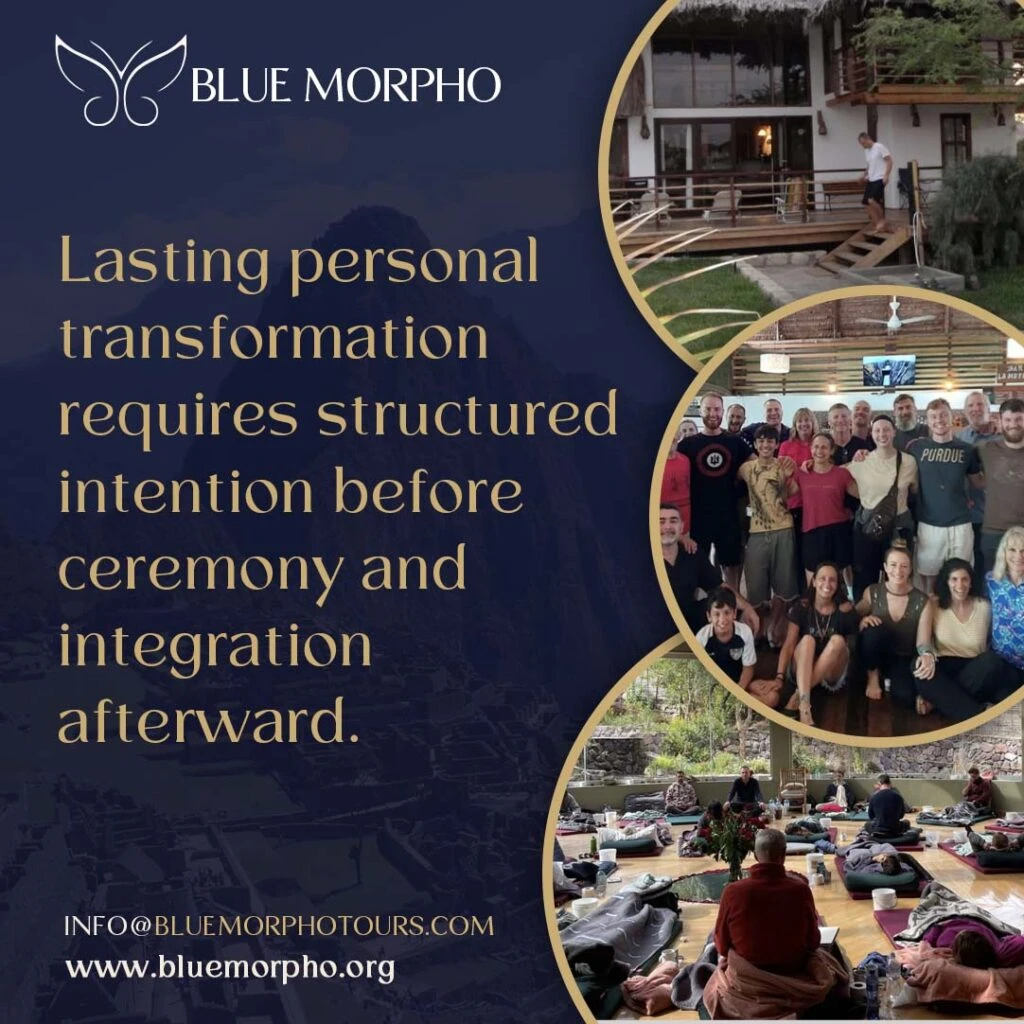 Retreat lodge, a smiling group of guests, and participants on mats in a ceremony room before and after integration