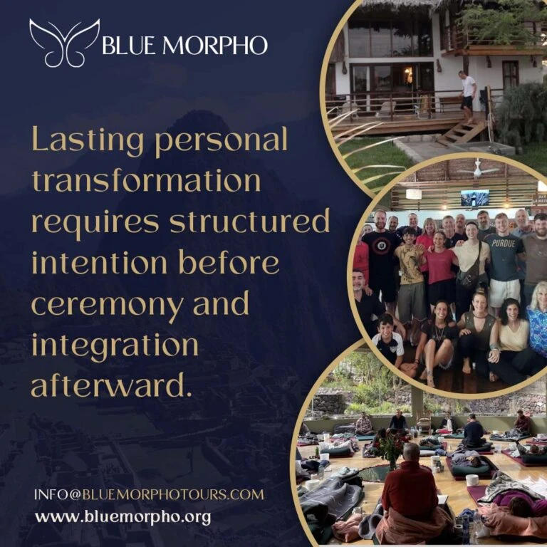Retreat lodge, a smiling group of guests, and participants on mats in a ceremony room before and after integration