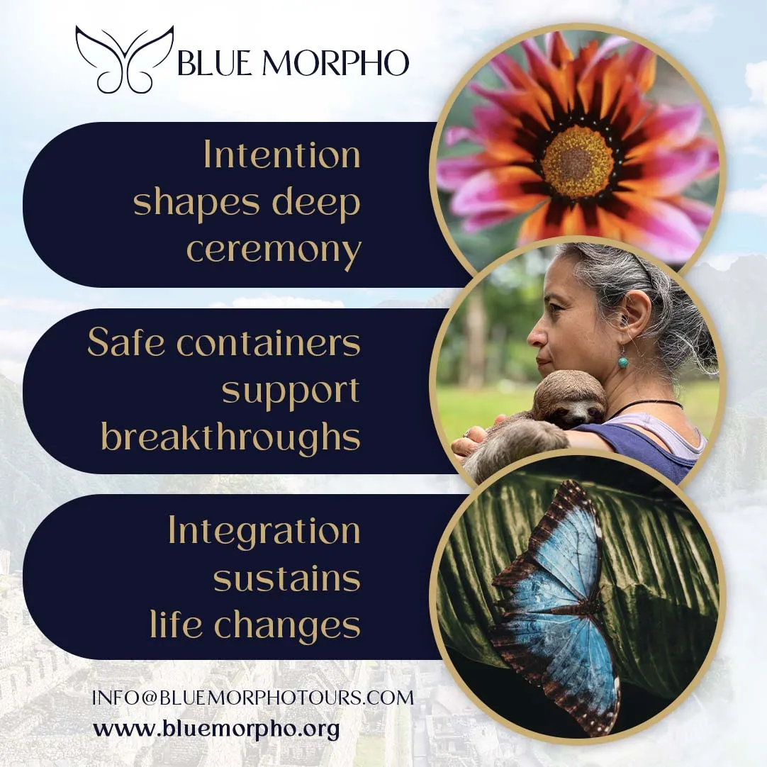 Orange flower, woman cradling a sloth, and a blue morpho butterfly on a leaf, representing intention and integration