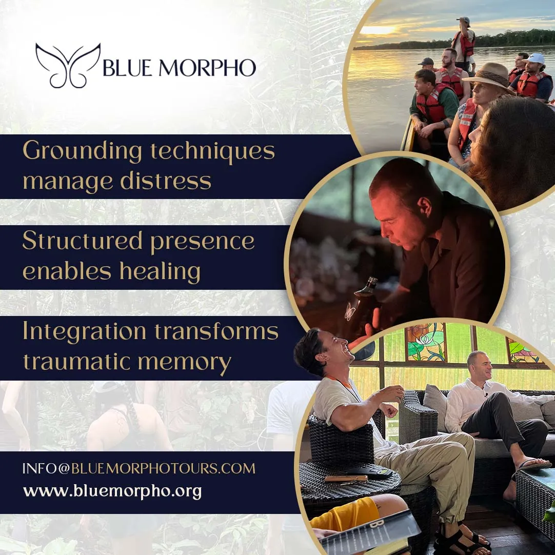 Retreat guests in life vests on a river boat at sunset, a facilitator in dim light, and guests in a jungle lounge
