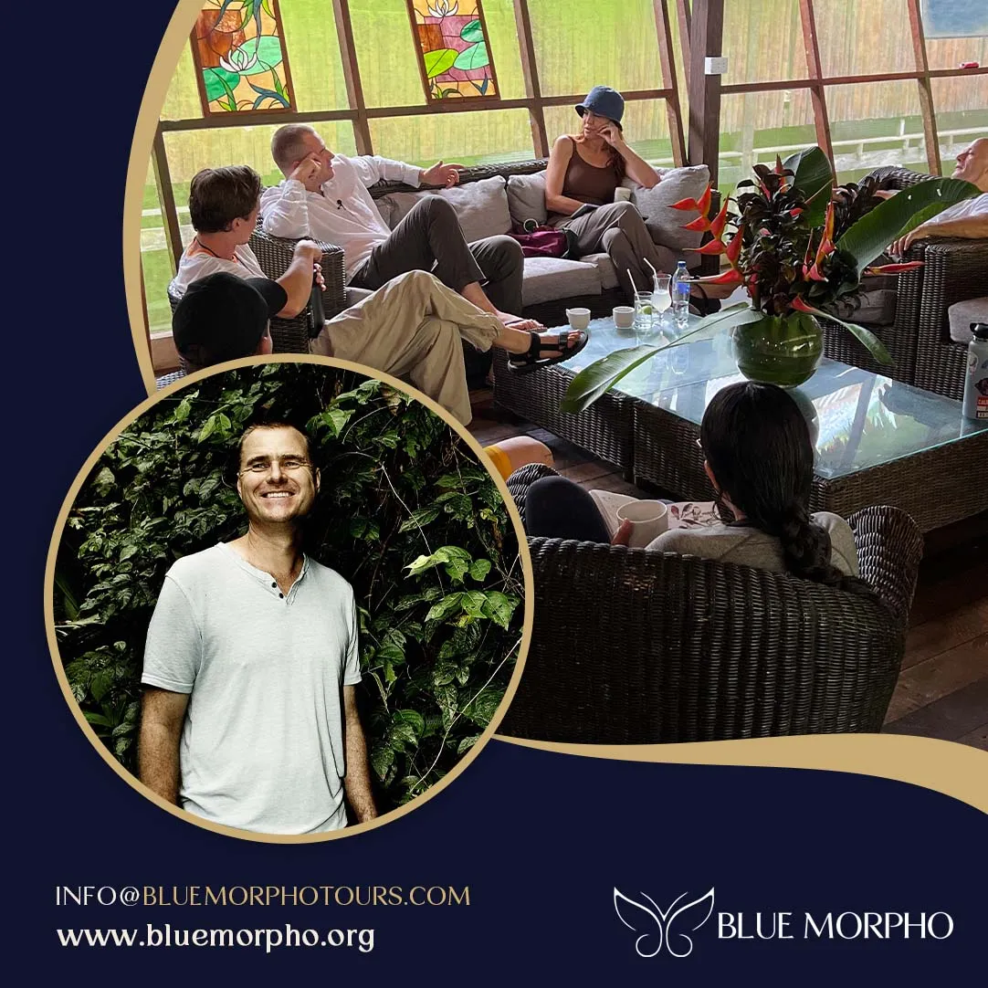 Retreat guests talking on wicker sofas in a jungle lounge, with an inset portrait of a smiling man among green leaves