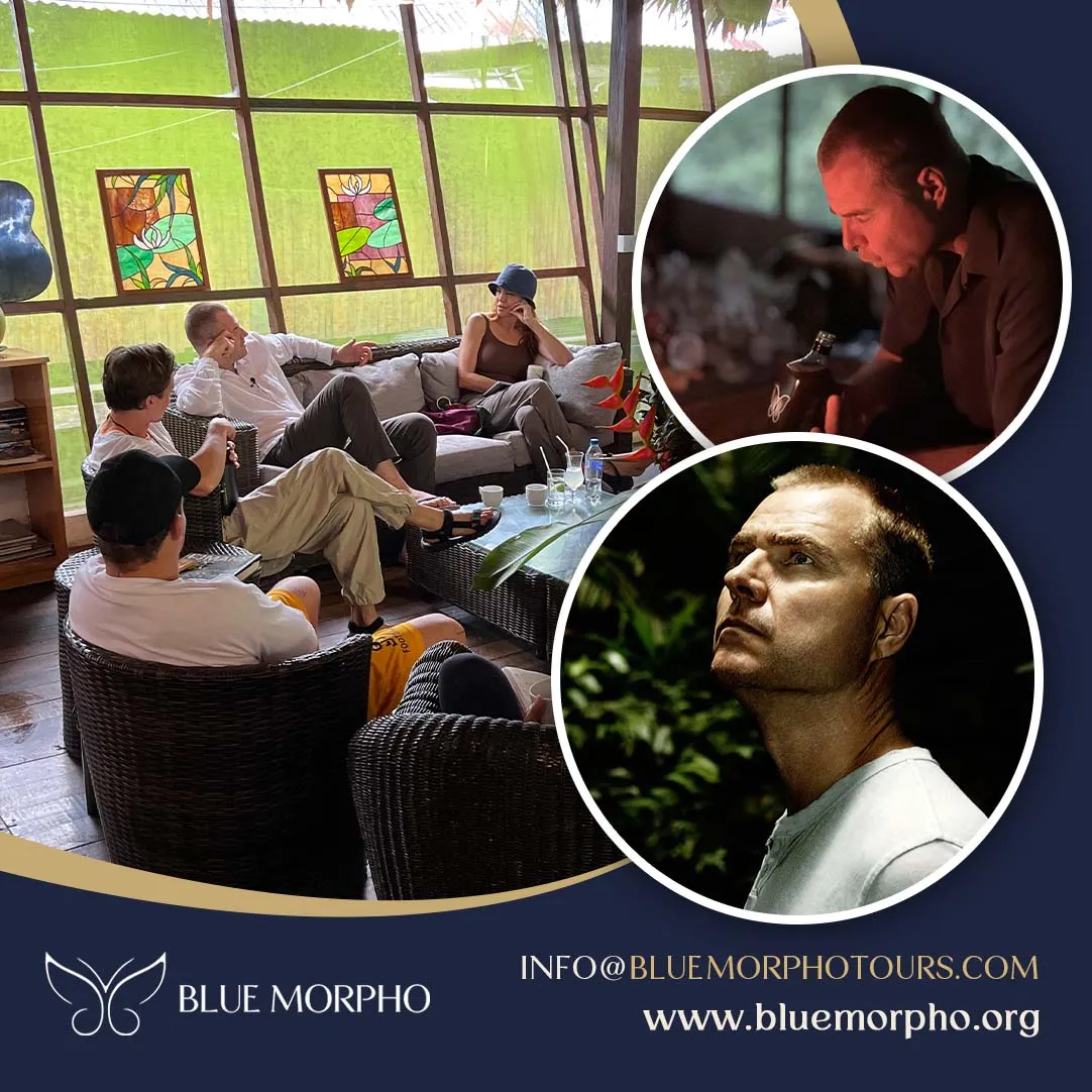 Retreat guests talking on wicker sofas in a jungle lounge with stained glass windows, with two portrait insets